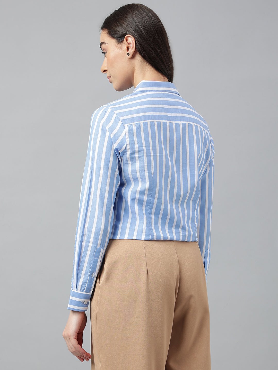 Women Blue &White Stripes Viscose Rayon Regular Fit Formal Shirt - #folk republic#