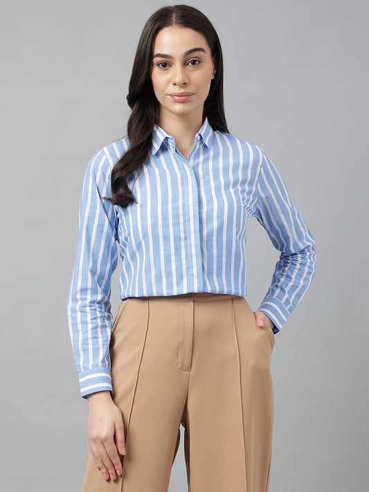 Women Blue &White Stripes Viscose Rayon Regular Fit Formal Shirt - #folk republic#