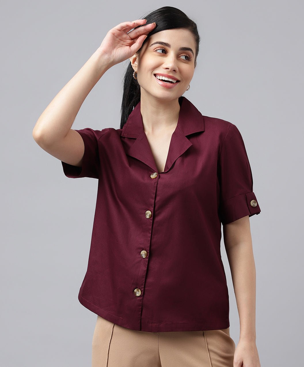 Women Burgundy Solid Pure Cotton Lapel Collar Regular Fit Formal Shirt - #folk republic#