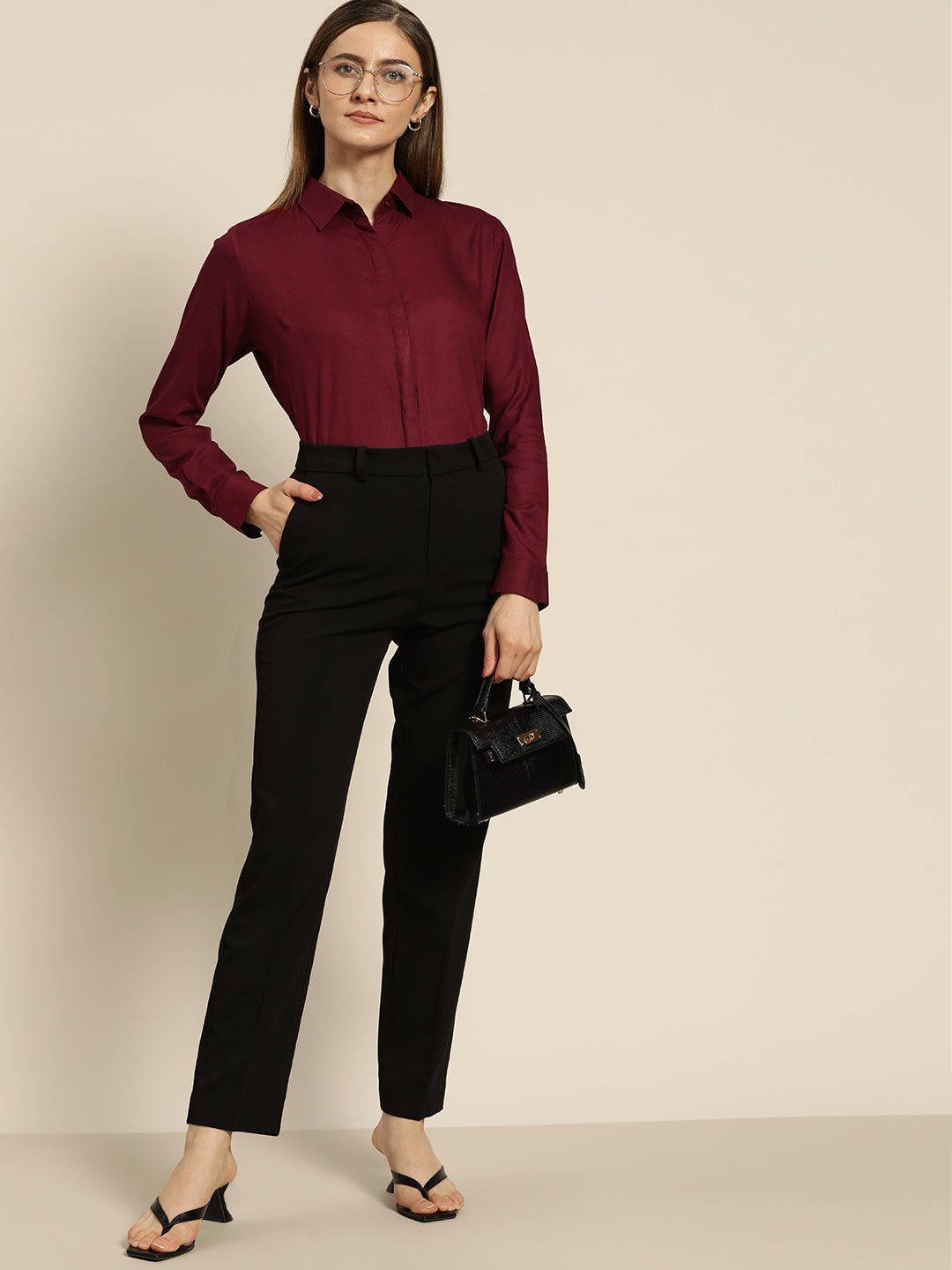 Women Burgundy Solid Viscose Rayon Regular Fit Formal Shirt - #folk republic#