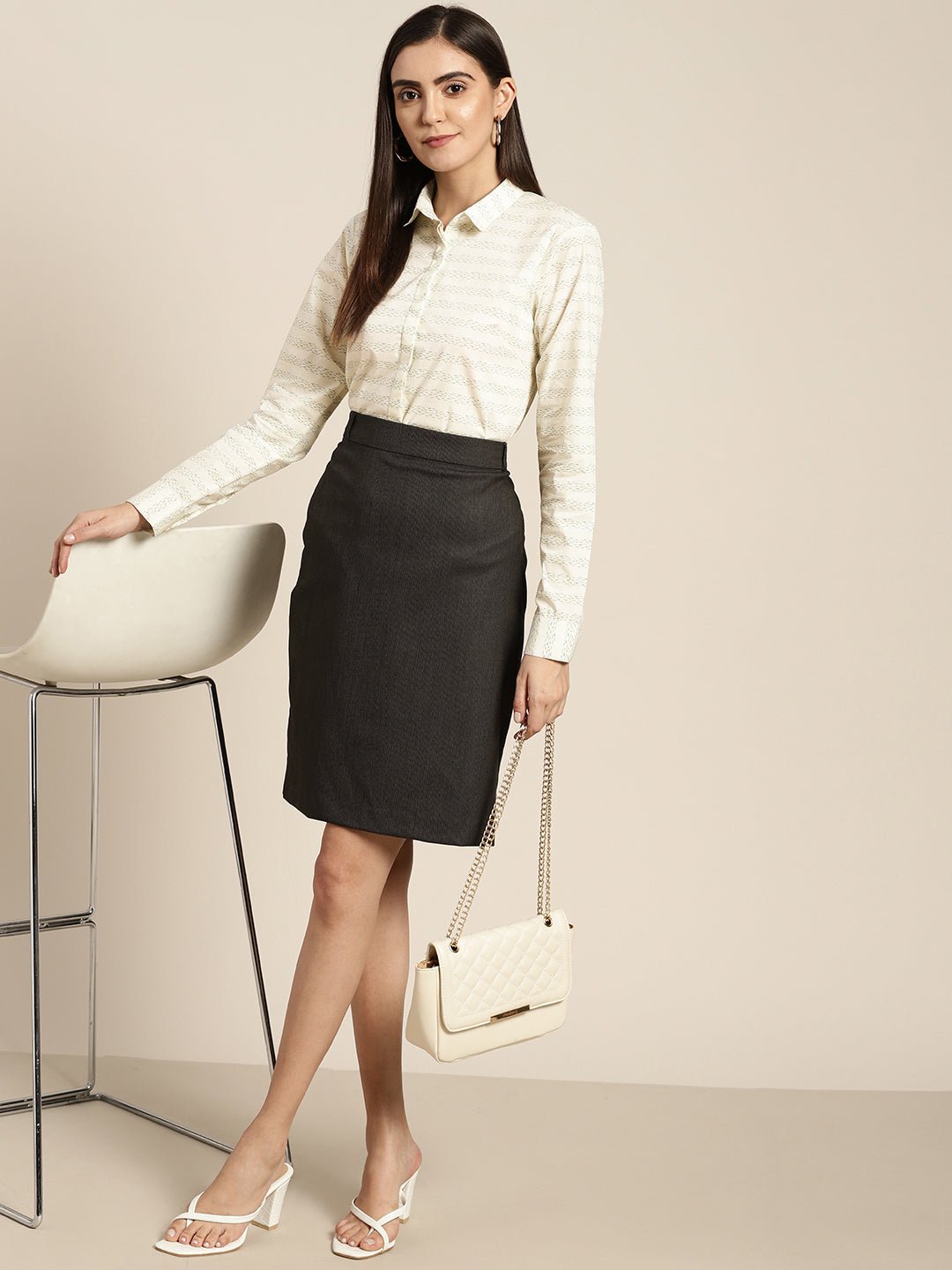 Women Cream Prints Pure Cotton Slim Fit Formal Shirt - #folk republic#