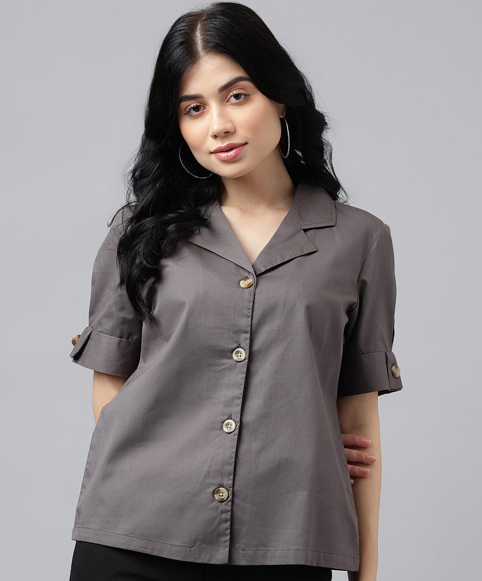 Women Dark Grey Solid Pure Cotton Lapel Collar Regular Fit Formal Shirt - #folk republic#
