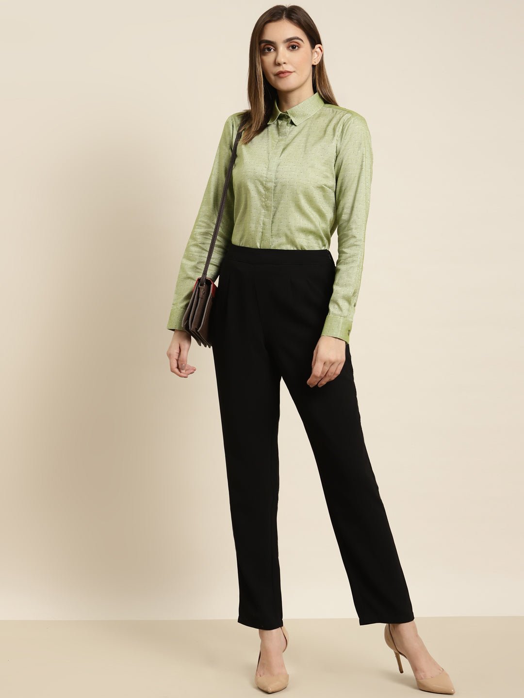 Women Green Solid Pure Cotton Regular Fit Formal Shirt - #folk republic#