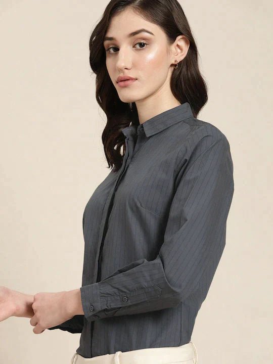 Women Grey Striped Pure Cotton Slim Fit Formal Shirt - #folk republic#
