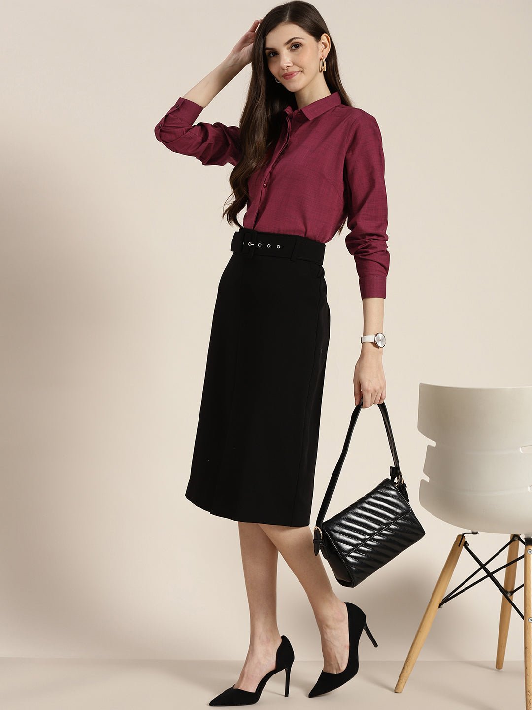 Women Maroon Solid Pure Cotton Regular Fit Formal Shirt - #folk republic#
