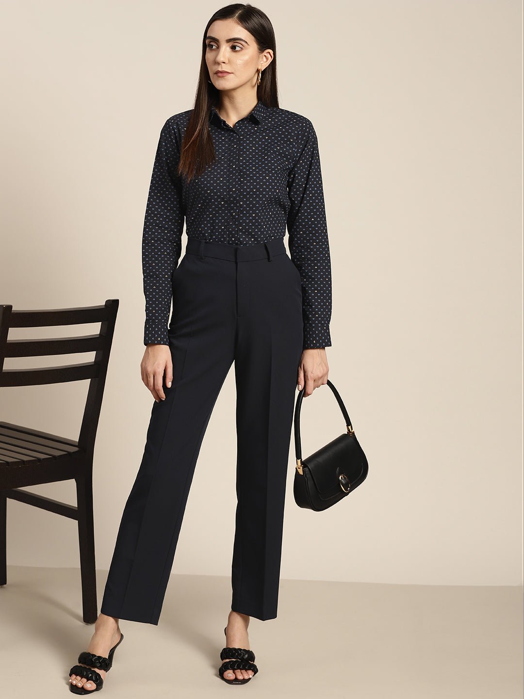 Women Navy & Blue Prints Pure Cotton Slim Fit Formal Shirt - #folk republic#