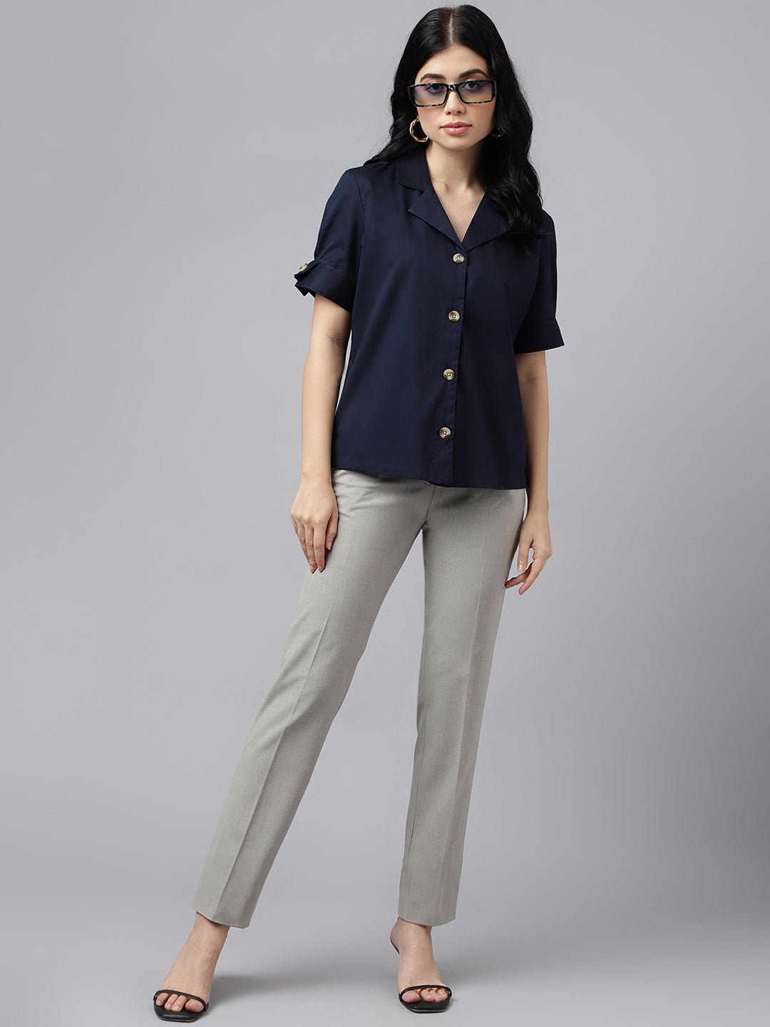 Women Navy Blue Solid Pure Cotton Lapel Collar Regular Fit Formal Shirt - #folk republic#