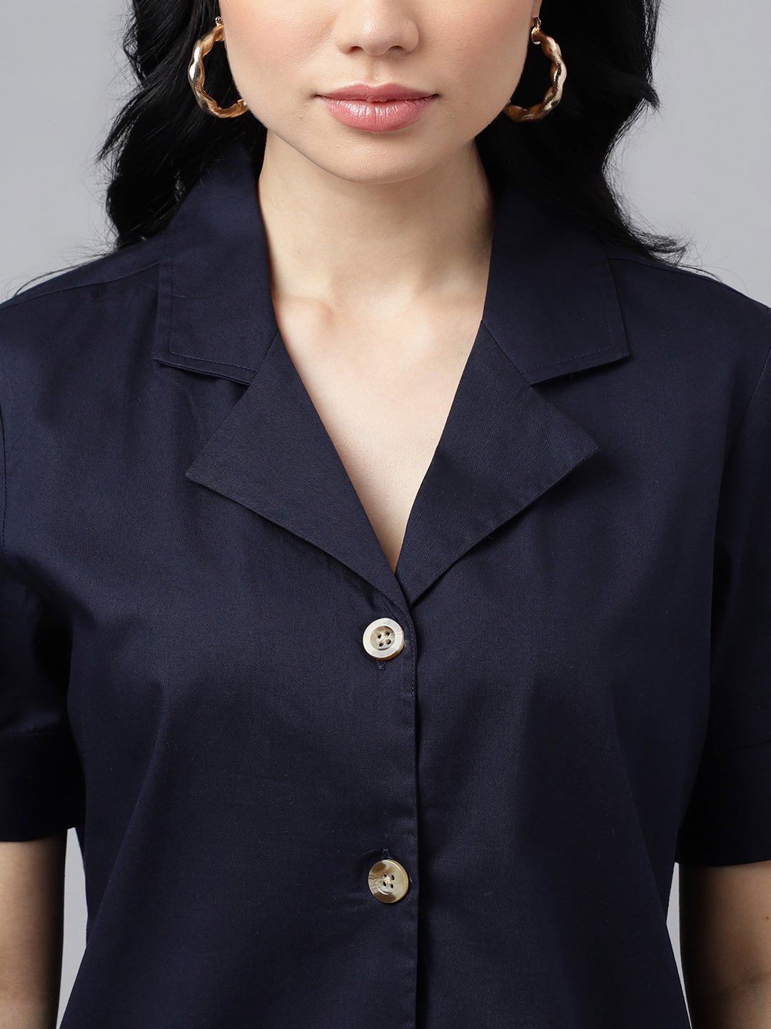 Women Navy Blue Solid Pure Cotton Lapel Collar Regular Fit Formal Shirt - #folk republic#