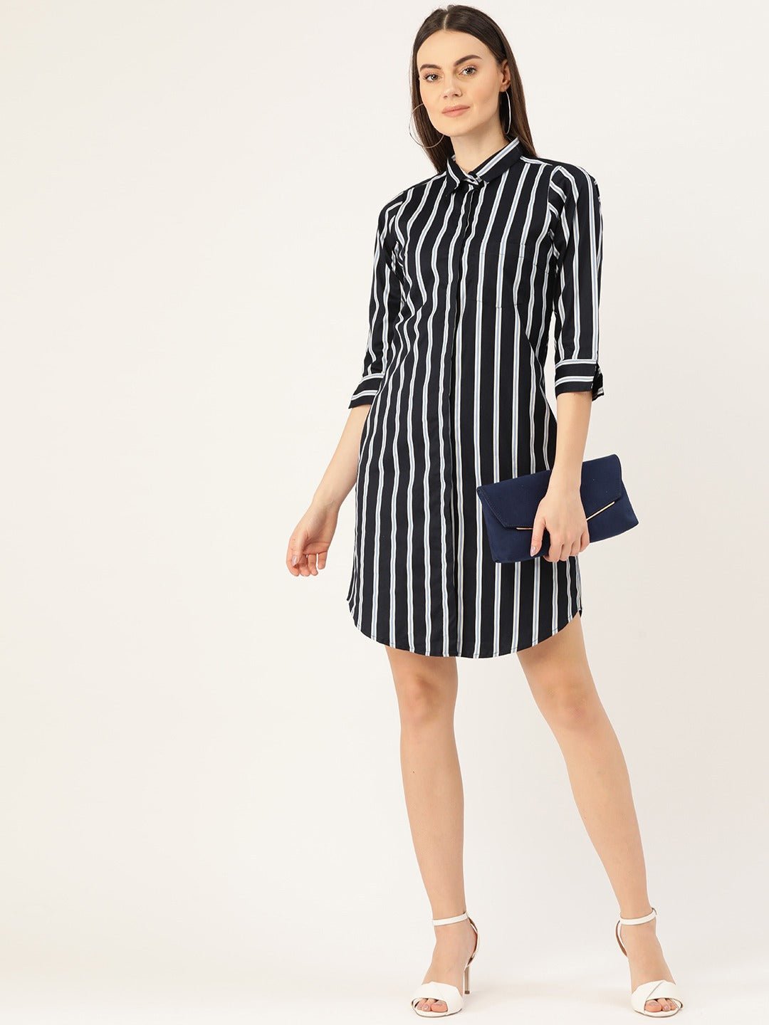Women Navy Blue Stripes Pure Cotton Regular Fit Shirt Dress - #folk republic#
