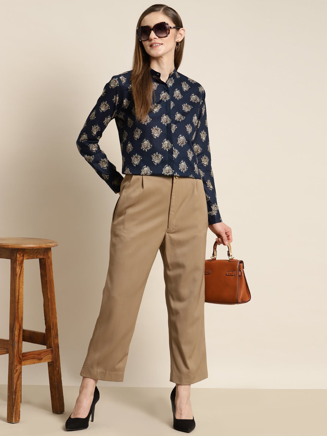 Women Navy Printed Pure Cotton Regular Fit Formal Shirt - #folk republic#