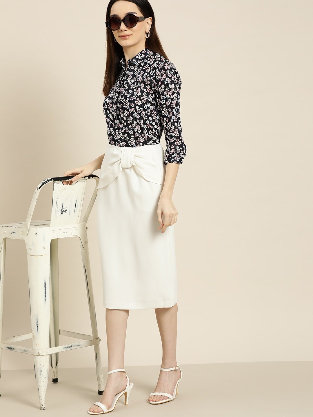Women Navy Prints Pure Cotton Slim Fit Formal Shirt - #folk republic#