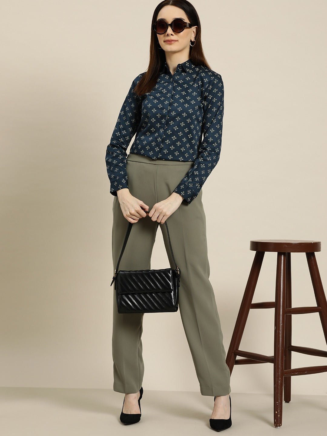 Women Navy Prints Pure Cotton Slim Fit Formal Shirt - #folk republic#