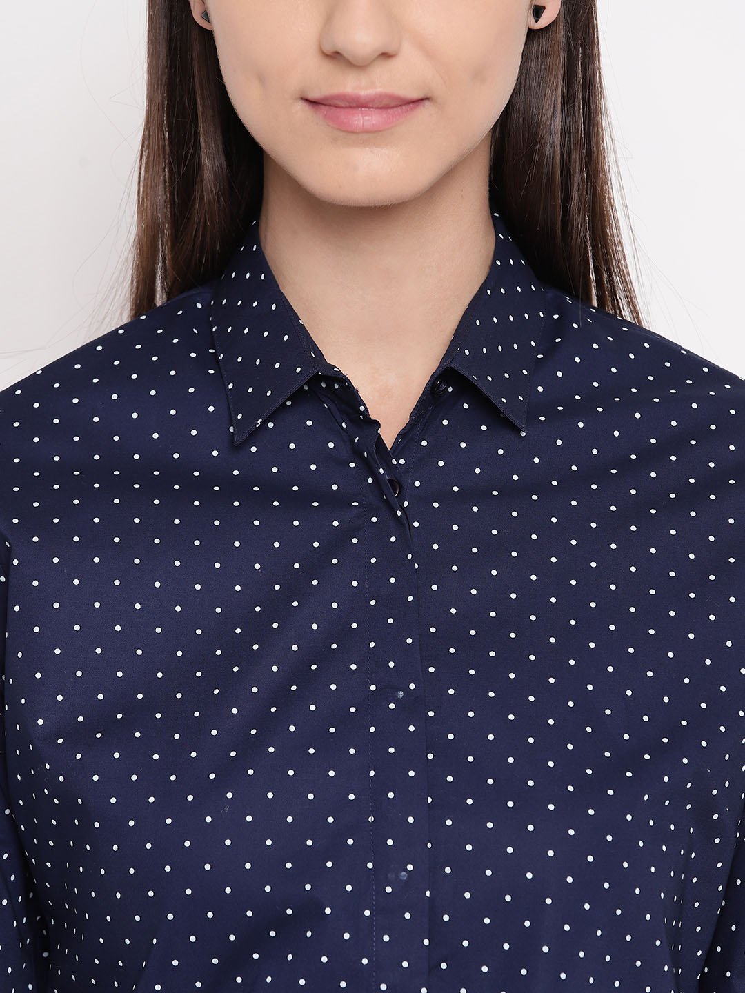 Women Navy Pure Cotton Polka Dot Printed Slim Fit Formal Shirt - #folk republic#