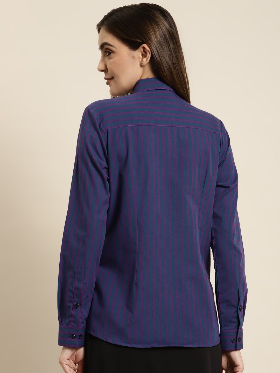 Women Navy & Purple Striped Pure Cotton Regular Fit Formal Shirt - #folk republic#