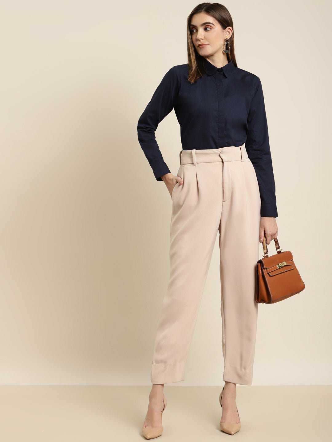 Women Navy Solid Pure Cotton Regular Fit Formal Shirt - #folk republic#