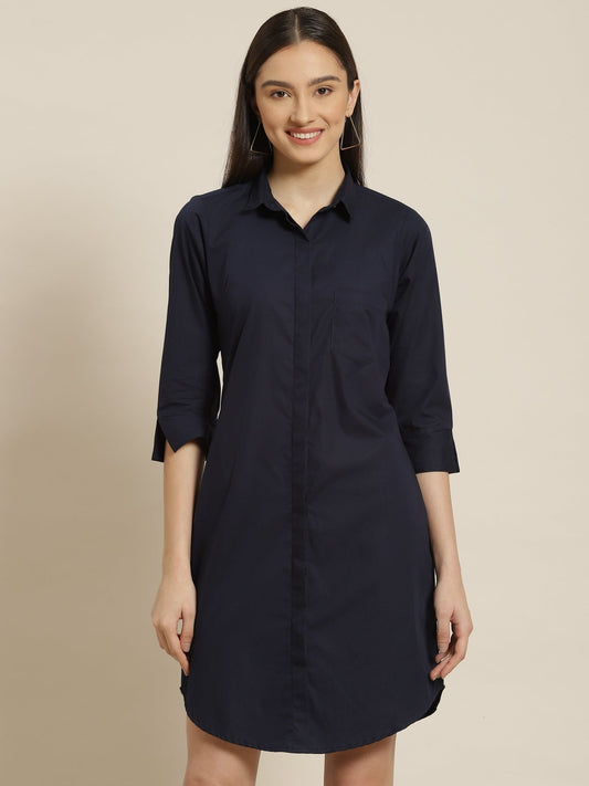 Women Navy Solid Pure Cotton Regular Fit Shirt Dress - #folk republic#