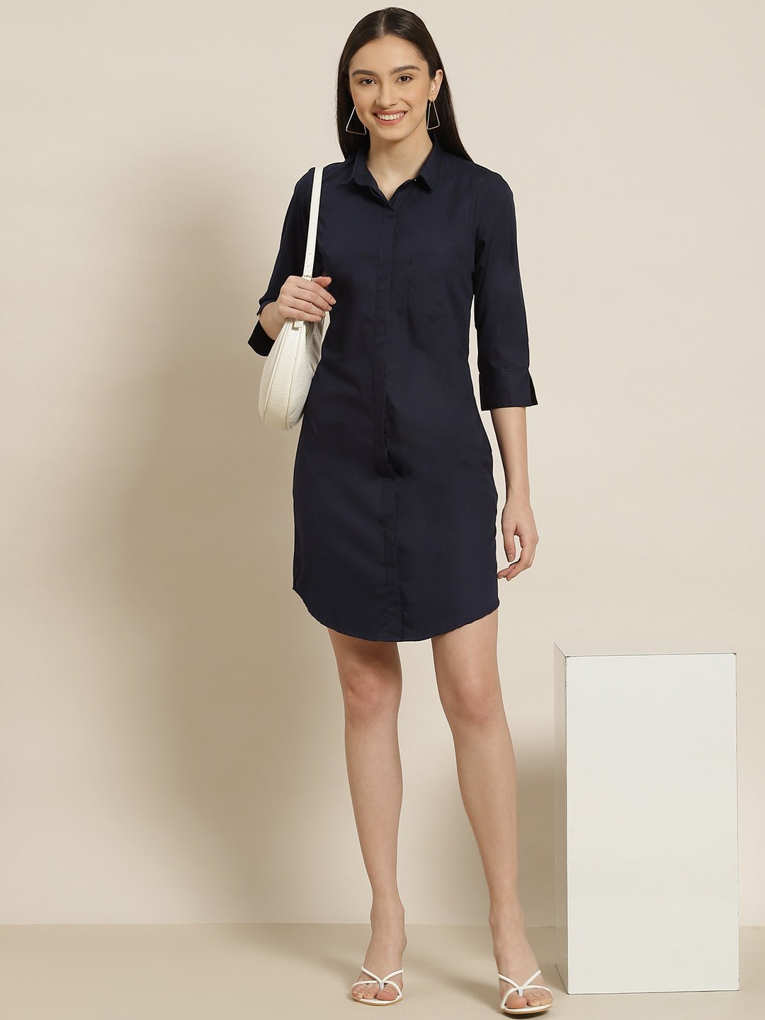 Women Navy Solid Pure Cotton Regular Fit Shirt Dress - #folk republic#