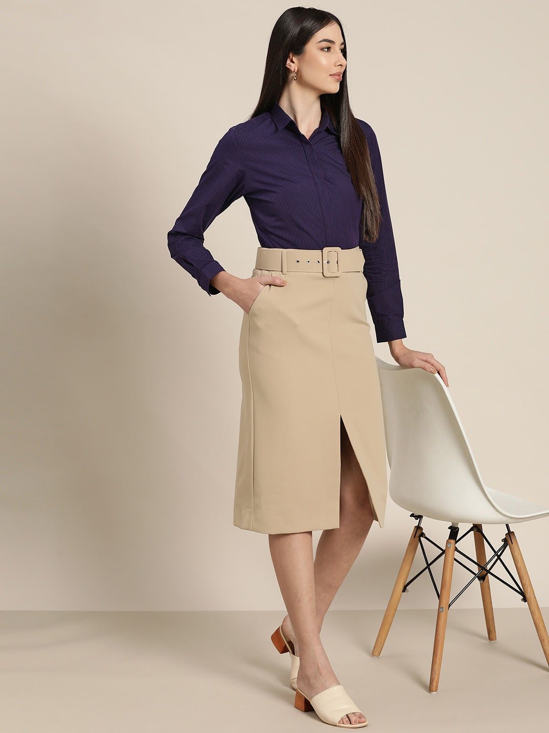 Women Navy Striped Pure Cotton Slim Fit Formal Shirt - #folk republic#