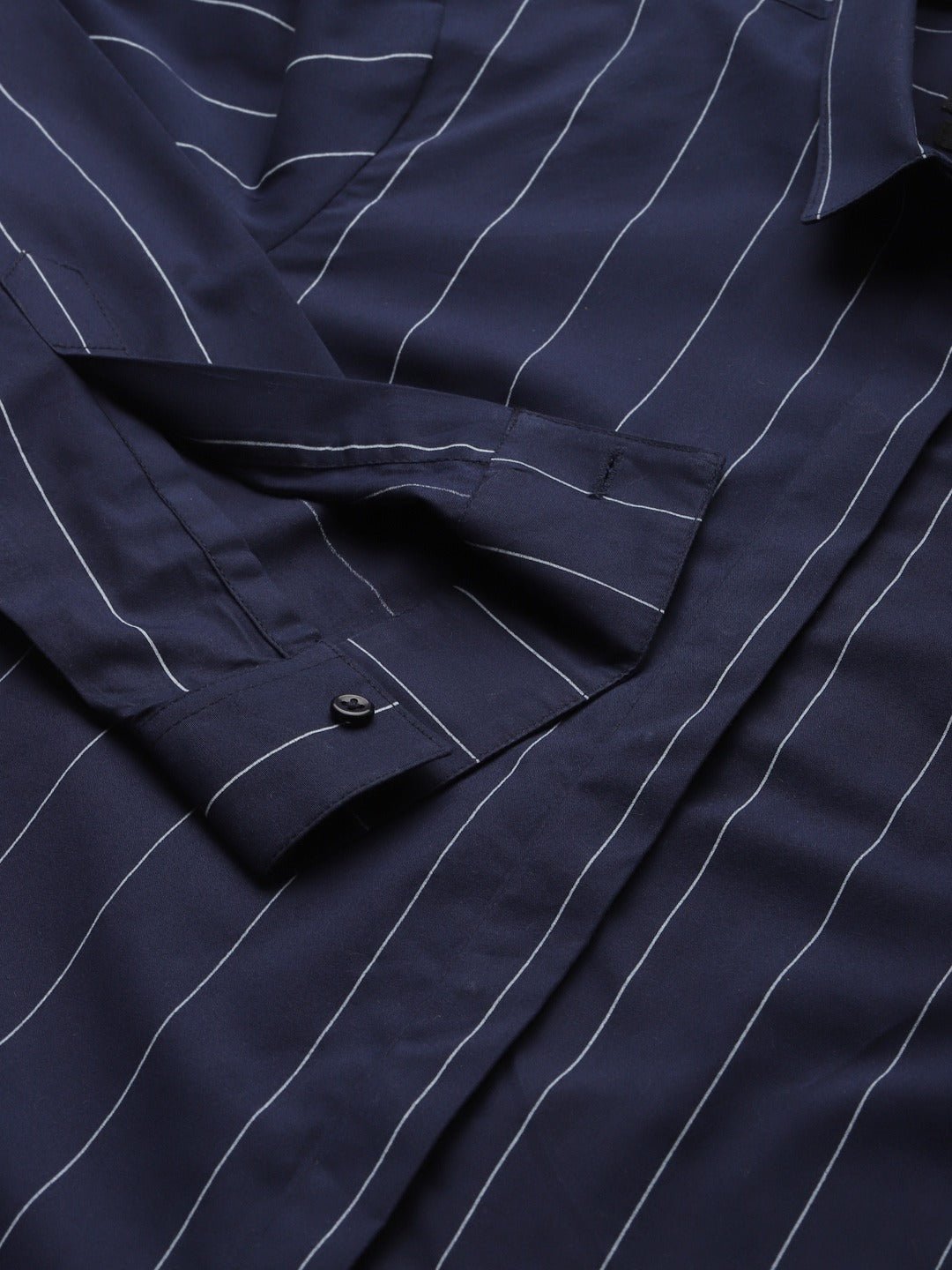 Women Navy Stripes Pure Cotton Slim Fit Formal Shirt - #folk republic#