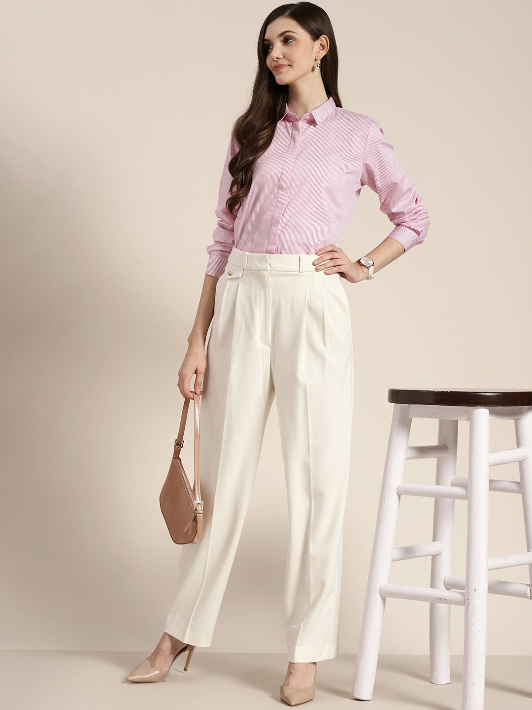 Women Pink Striped Pure Cotton Regular Fit Formal Shirt - #folk republic#