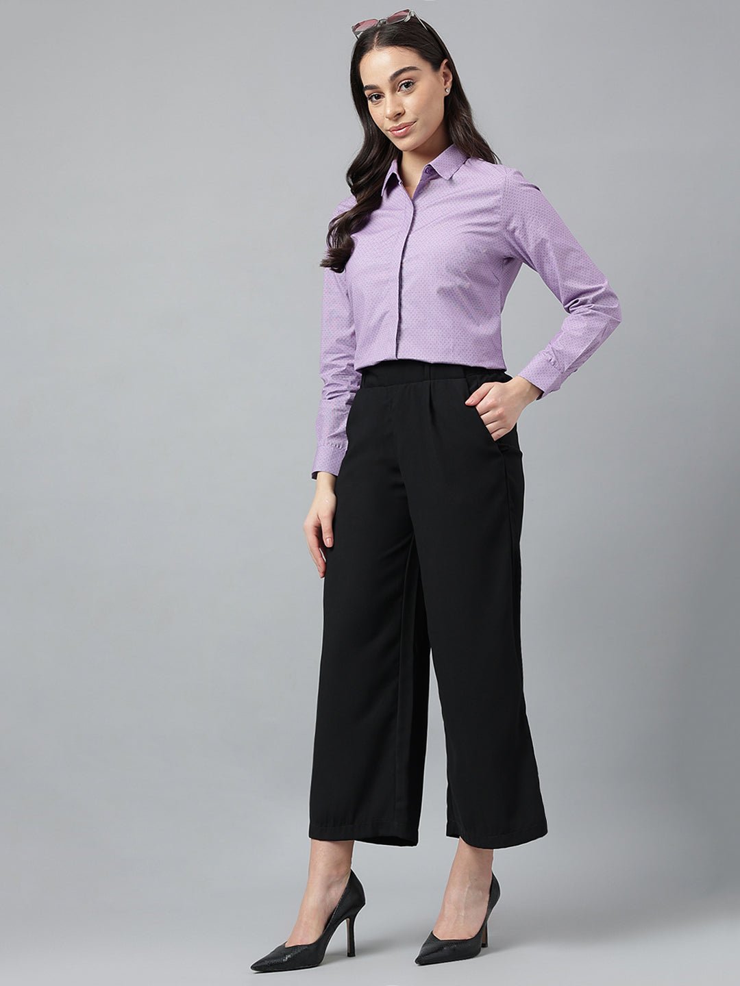 Women Purple & White Solid Pure Cotton Regular Fit Formal Shirt - #folk republic#