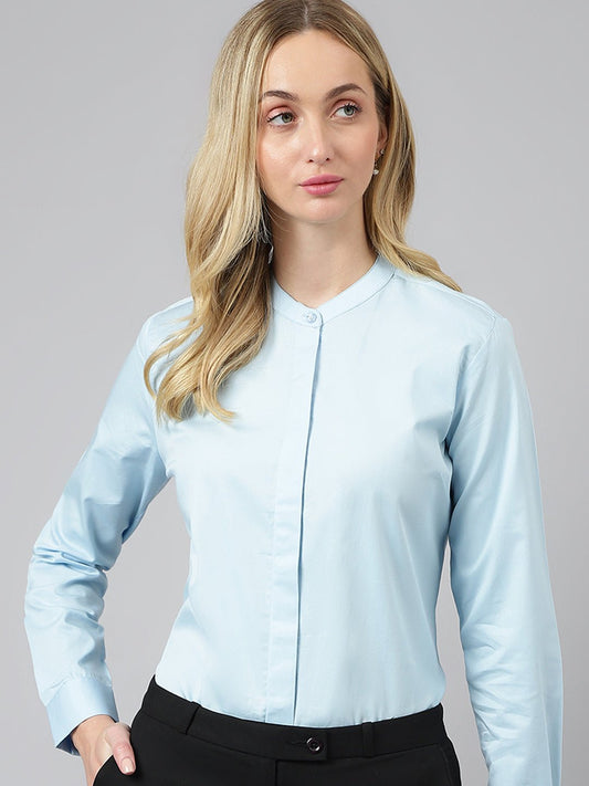 Women Sky Blue Solid Pure Cotton Regular Fit Formal Shirt - #folk republic#