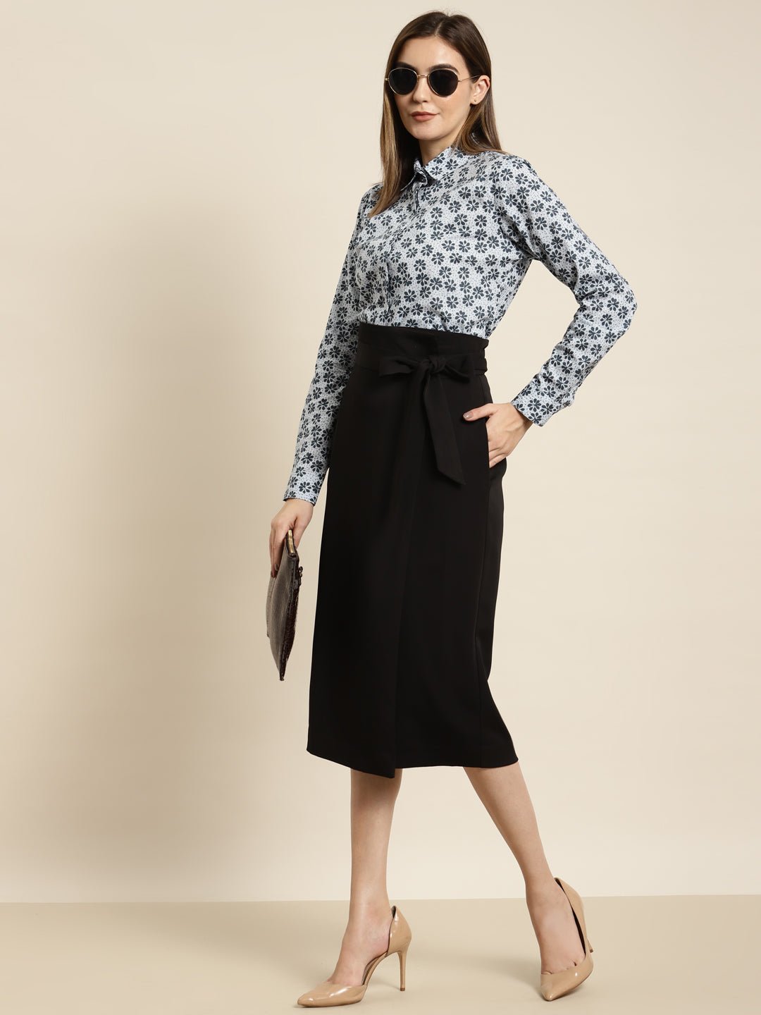 Women Sky & Navy Printed Pure Cotton Regular Fit Formal Shirt - #folk republic#