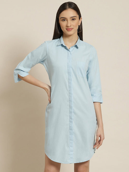 Women Sky Solid Pure Cotton Regular Fit Shirt Dress - #folk republic#