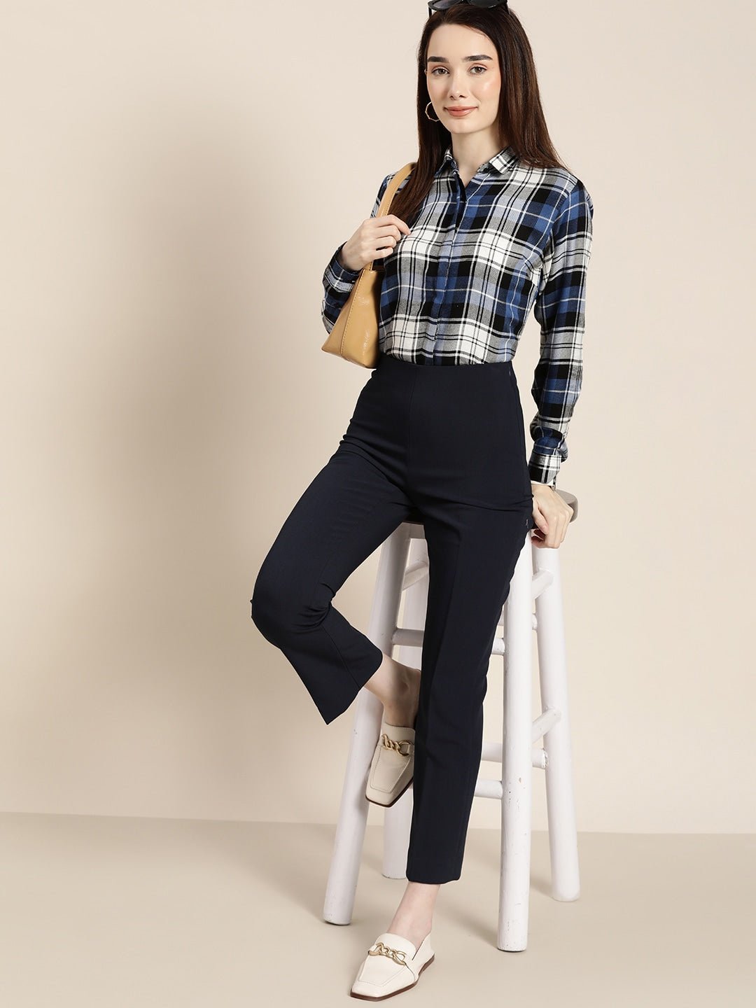 Women White & Black Checked Viscose Rayon Slim Fit Formal Shirt - #folk republic#