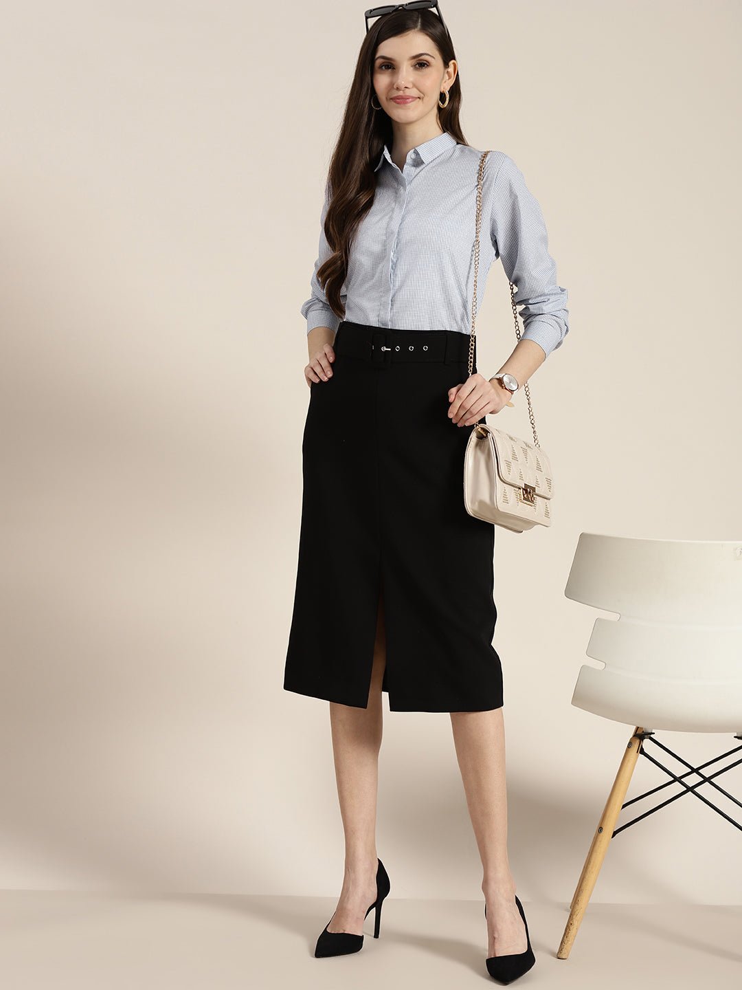 Women White & Blue Checked Pure Cotton Regular Fit Formal Shirt - #folk republic#