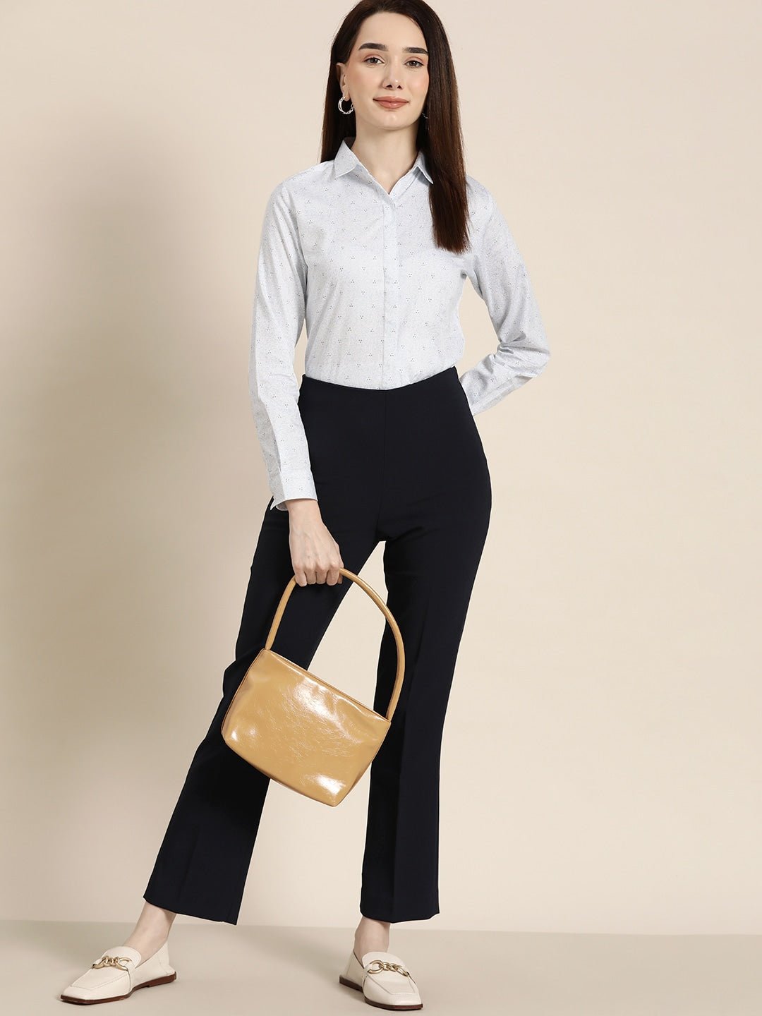 Women White & Blue Printed Pure Cotton Slim Fit Formal Shirt - #folk republic#