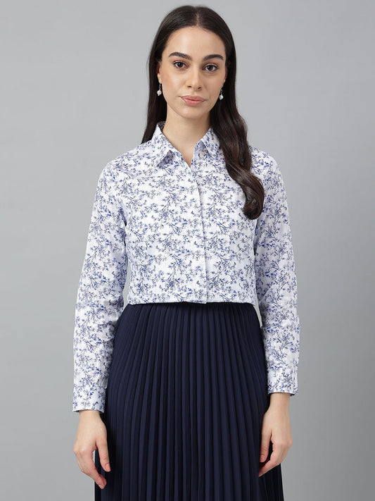 Women White & Blue Prints Pure Cotton Regular Fit Formal Shirt - #folk republic#