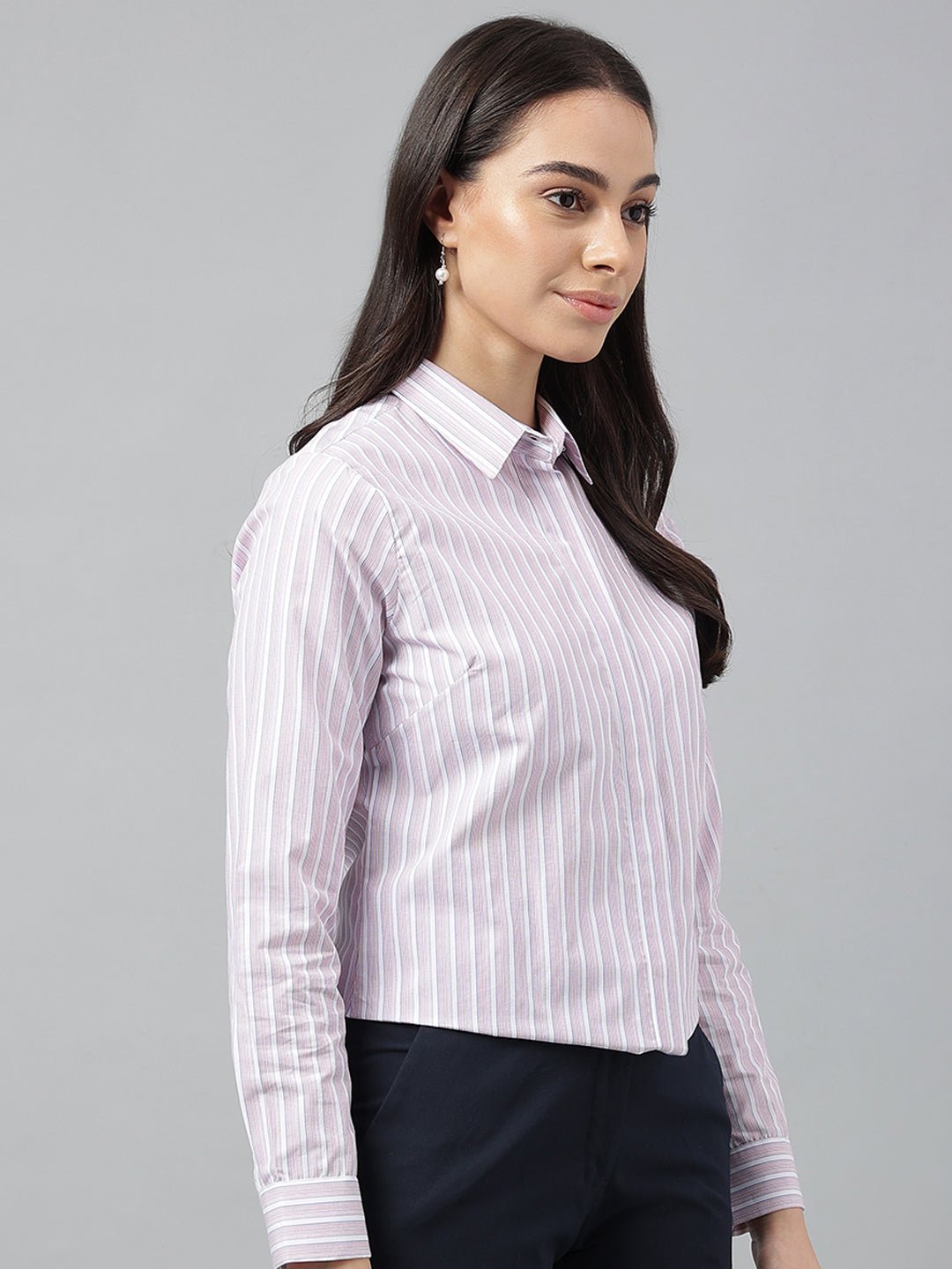 Women White & Blue Stripes Pure Cotton Regular Fit Formal Shirt - #folk republic#