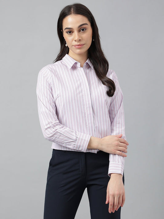 Women White & Blue Stripes Pure Cotton Regular Fit Formal Shirt - #folk republic#