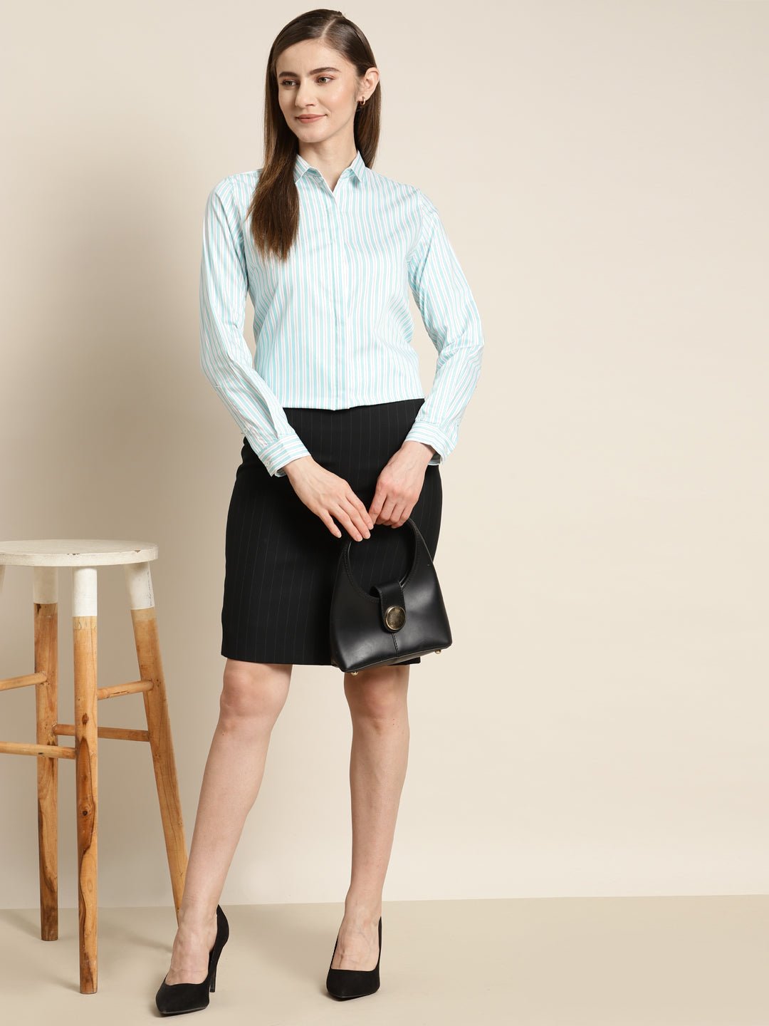 Women White & Green Striped Pure Cotton Slim Fit Formal Shirt - #folk republic#