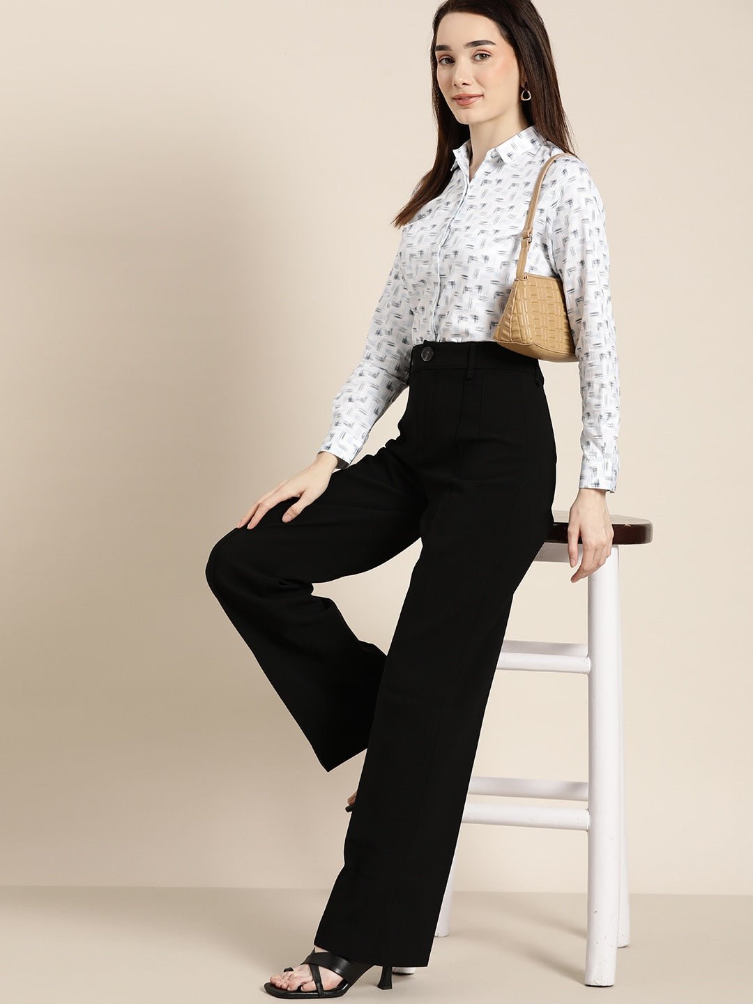 Women White & Navy Printed Pure Cotton Slim Fit Formal Shirt - #folk republic#