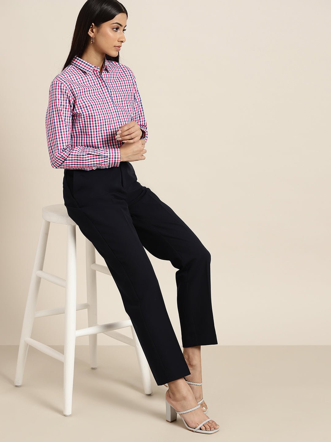 Women White & Pink Checks Pure Cotton Slim Fit Formal Shirt - #folk republic#