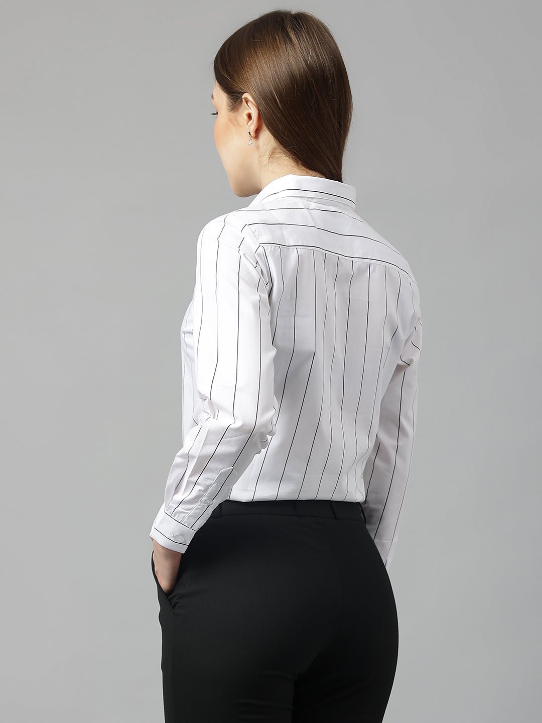 Women White Stripes Pure Cotton Slim Fit Formal Shirt - #folk republic#