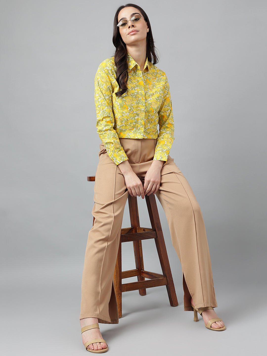 Women White & Yellow Prints Pure Cotton Regular Fit Formal Shirt - #folk republic#