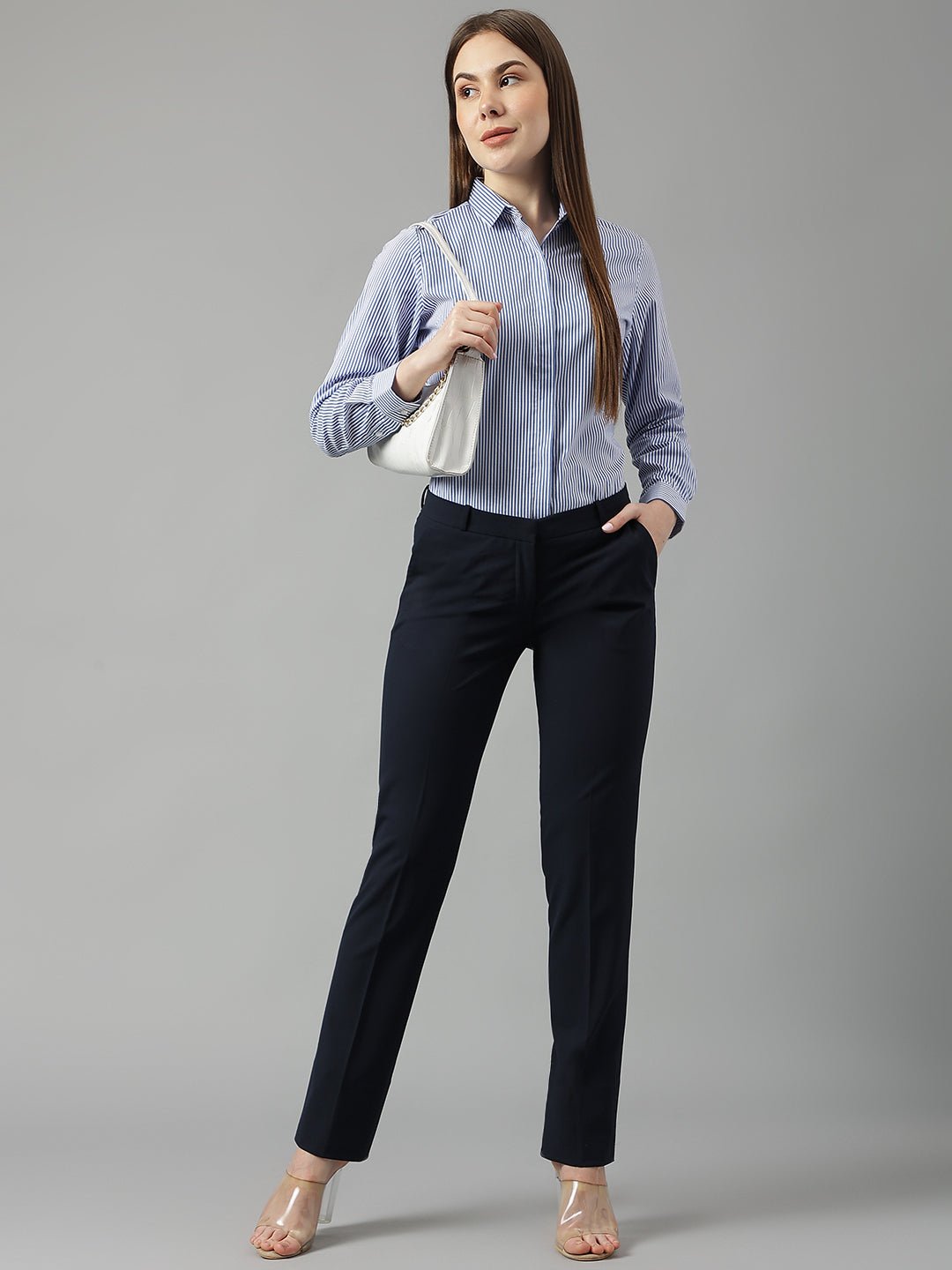 Women White&Blue Stripes Pure Cotton Slim Fit Formal Shirt - #folk republic#