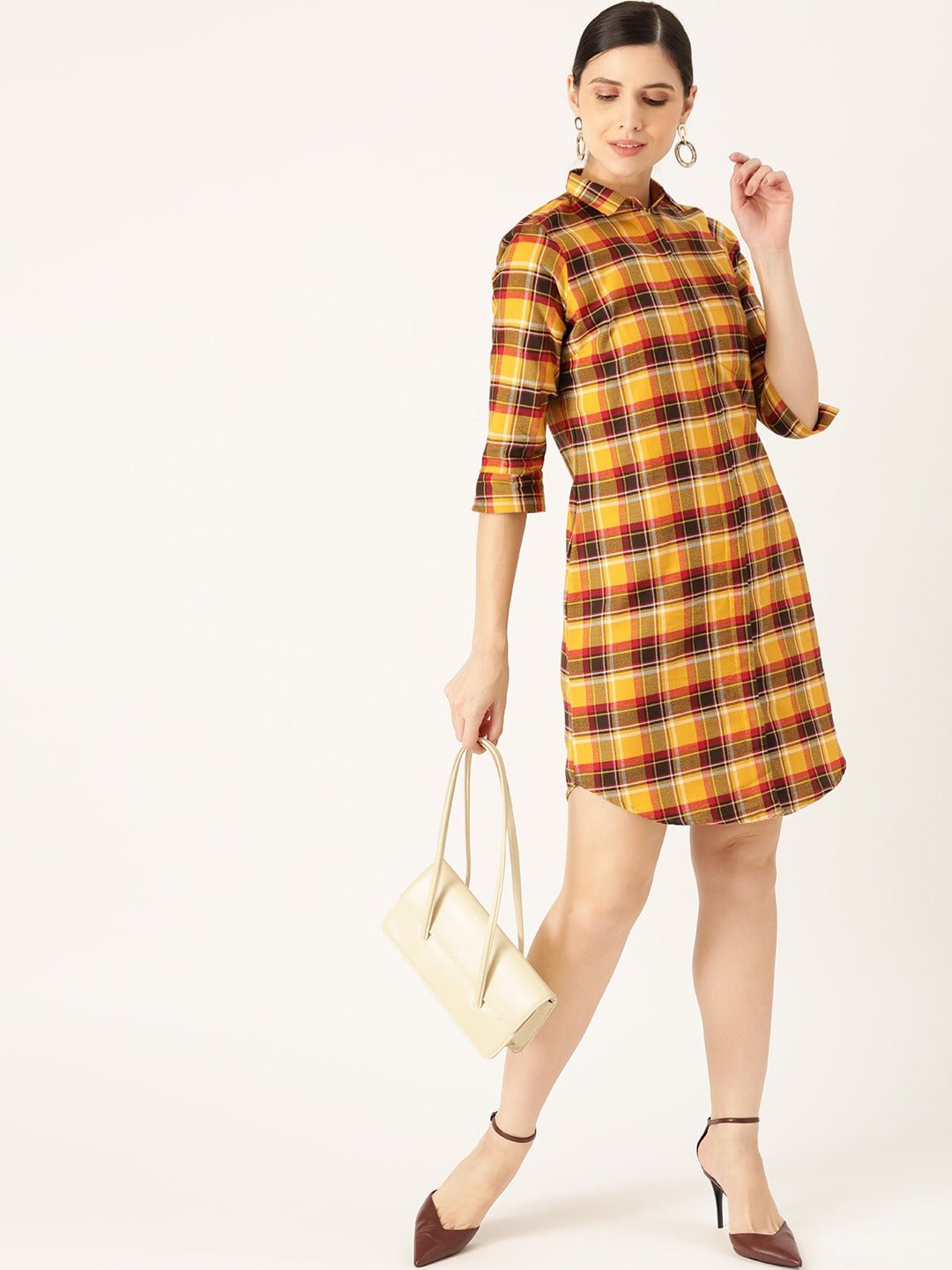 Women Yellow & Maroon Checks Pure Cotton Regular Fit Shirt Dress - #folk republic#