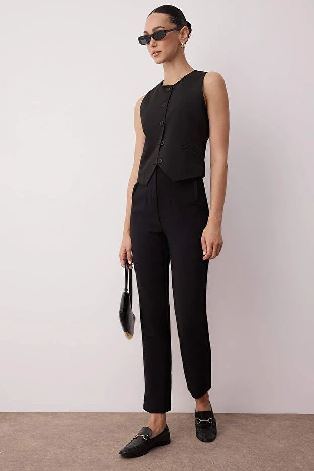 Black Cigarette Mold Collet High Waist Ankle Length Woven Fabric Pants Twoss20Pl0515