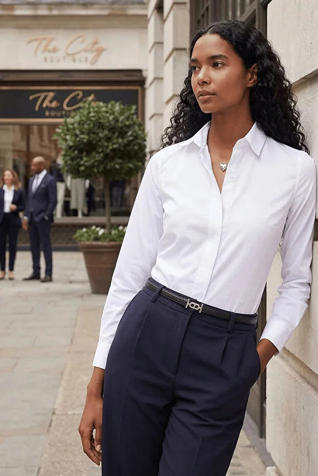 Women's Slim Fit Slim Fit Fitted Long Sleeve Hidden Button Detail White Basic Shirt