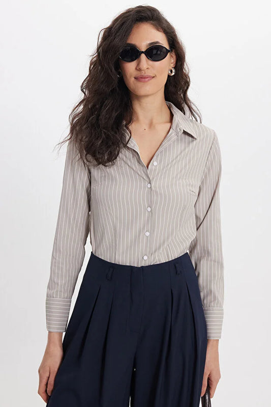 Women's Slim Fit Long Sleeve Striped Beige Shirt