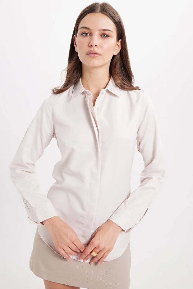 Women's Slim Fit Slim Fit Body Fitting Long Sleeve Hidden Button Detailed Stone Basic Shirt