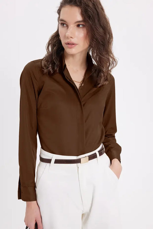 Women's Slim Fit slim fit body fitting long sleeve brown basic shirt with hidden button detail