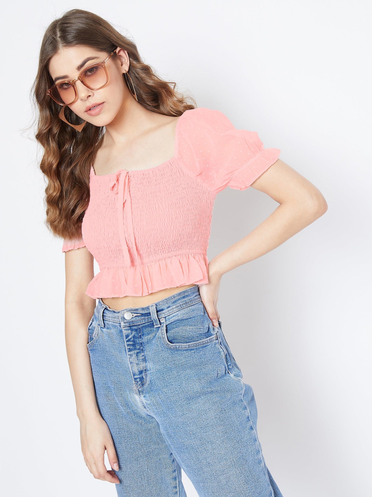 Folk Republic Women Solid Pink Self-Design Pattern Square Neck Smocked Crop Top Folk Republic