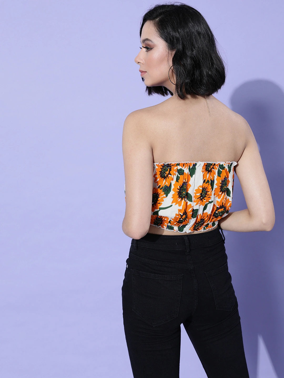 Folk Republic Women Mustard Floral Printed Bandeau Ruffled Crop Top Folk Republic