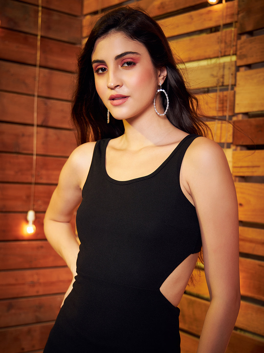 Folk Republic Women Solid Black Square Neck Sleeveless Waist Cutout Straight Hem Bodycon Midi Dress