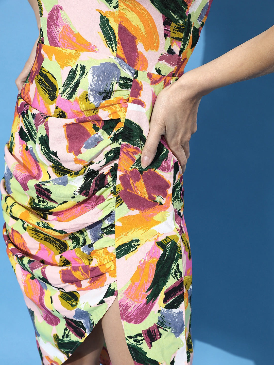 Folk Republic Women Multicoloured Stroke Split Thigh Cami Crepe Midi Dress